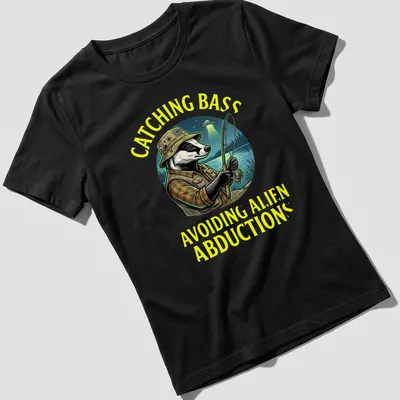 Colorful cartoon of a badger fisherman with funny text about alien abductions — printed on a women's shirt