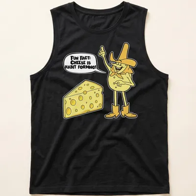 Cartoon cheese character with playful text about cheese being habit forming. — printed on a tank top