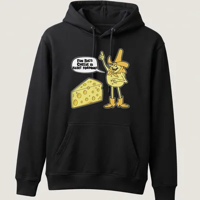 Cartoon cheese character with playful text about cheese being habit forming. — printed on a unisex hoodie