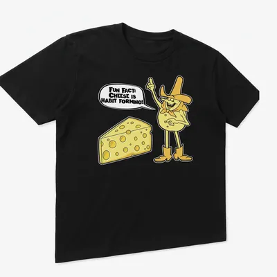 Cartoon cheese character with playful text about cheese being habit forming. — printed on a unisex t-shirt (angled view)