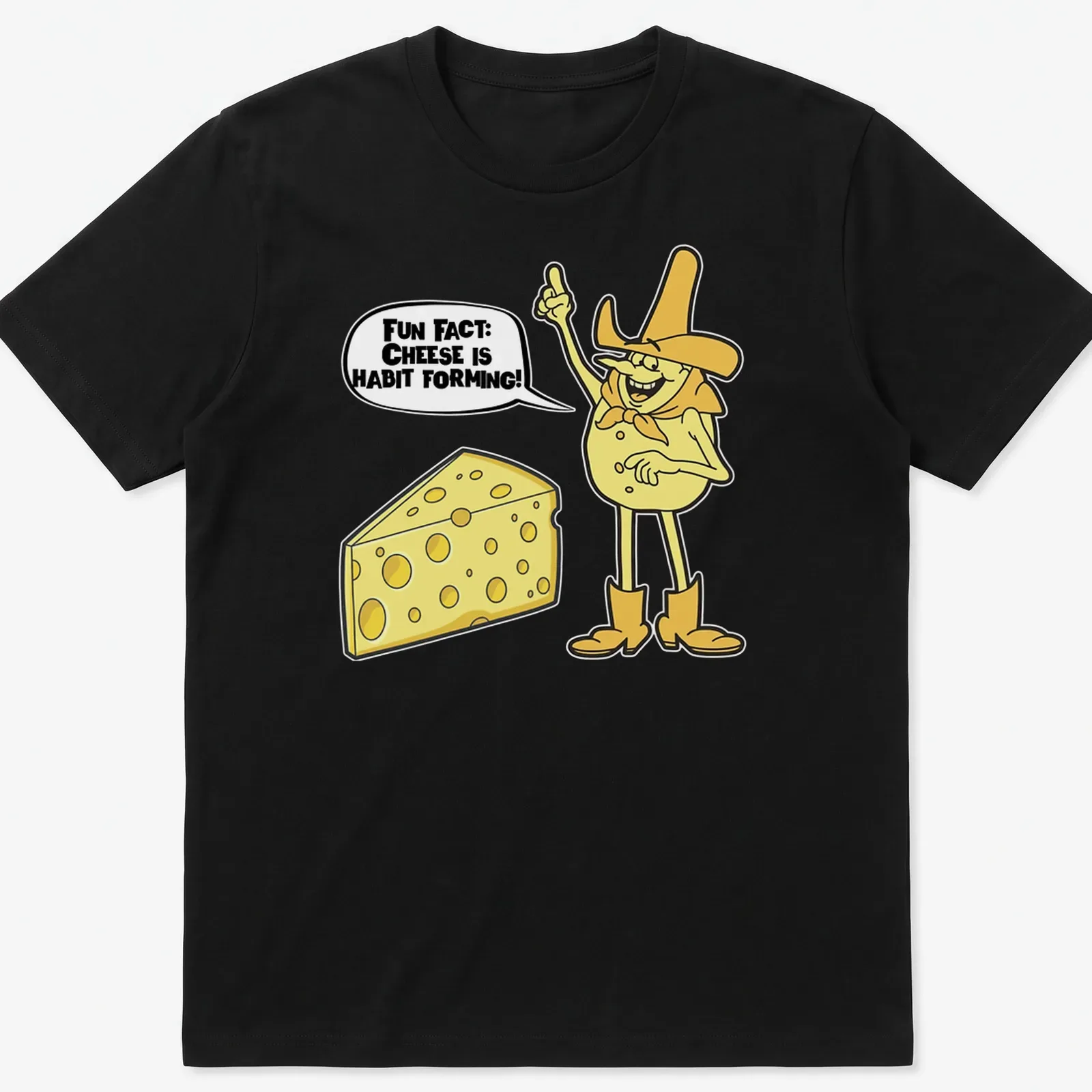 Cartoon cheese character with playful text about cheese being habit forming. — printed on a unisex t-shirt