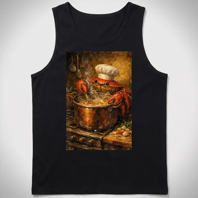 Realistic Chef Crab t-shirt with spatula and seafood theme — printed on a tank top