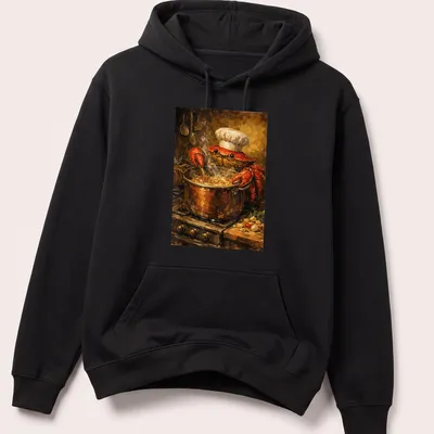 Realistic Chef Crab t-shirt with spatula and seafood theme — printed on a unisex hoodie