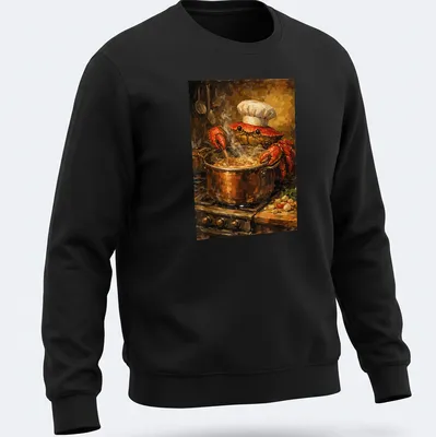 Realistic Chef Crab t-shirt with spatula and seafood theme — printed on a unisex sweatshirt