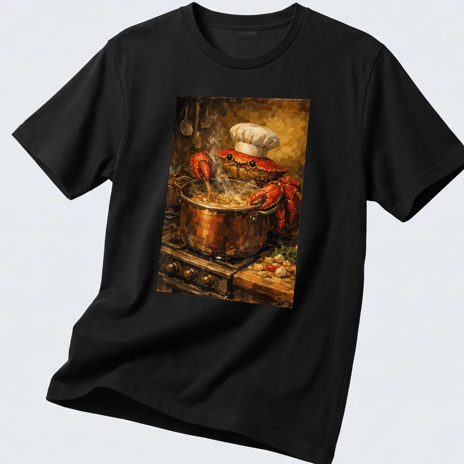 Realistic Chef Crab t-shirt with spatula and seafood theme — printed on a unisex t-shirt