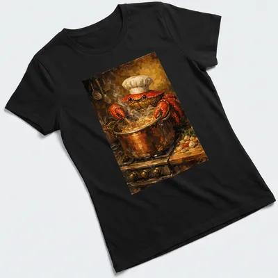 Realistic Chef Crab t-shirt with spatula and seafood theme — printed on a women's shirt