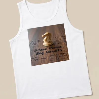Photographic print of a chess knight piece with text Silent Moves, Big Results — printed on a tank top