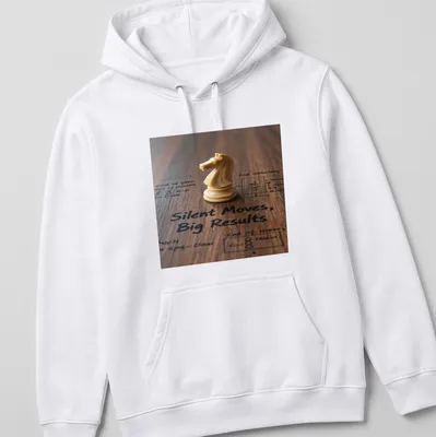 Photographic print of a chess knight piece with text Silent Moves, Big Results — printed on a unisex hoodie