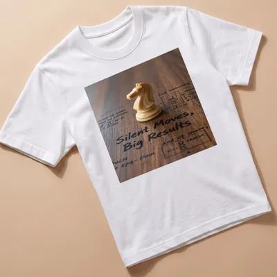 Photographic print of a chess knight piece with text Silent Moves, Big Results