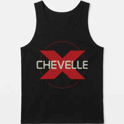 Bold Chevelle band logo in red and white typography on a — printed on a tank top