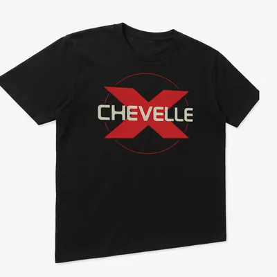 Bold Chevelle band logo in red and white typography on a — printed on a unisex t-shirt (angled view)