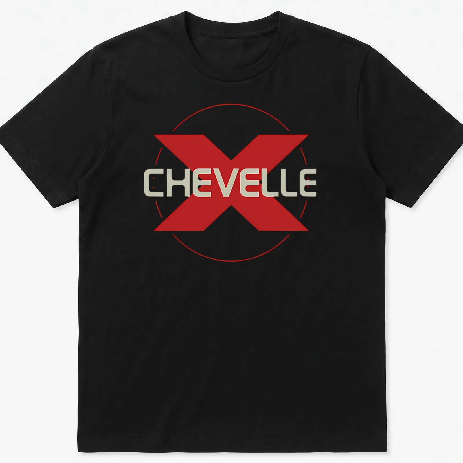 Bold Chevelle band logo in red and white typography on a — printed on a unisex t-shirt