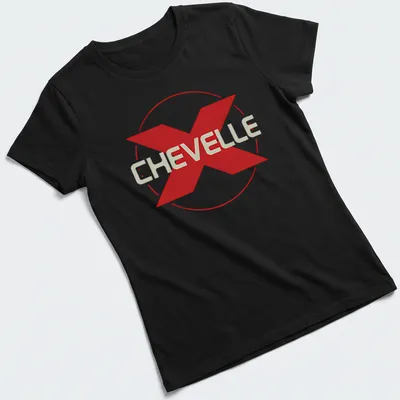 Bold Chevelle band logo in red and white typography on a — printed on a women's shirt