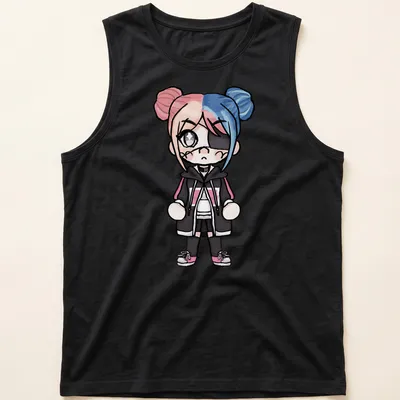 Kawaii chibi character with pink and blue hair on a fun — printed on a tank top