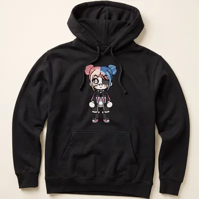 Kawaii chibi character with pink and blue hair on a fun — printed on a unisex hoodie