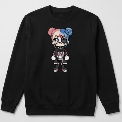 Kawaii chibi character with pink and blue hair on a fun — printed on a unisex sweatshirt