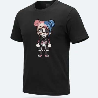 Kawaii chibi character with pink and blue hair on a fun t-shirt