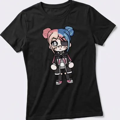 Kawaii chibi character with pink and blue hair on a fun — printed on a women's shirt