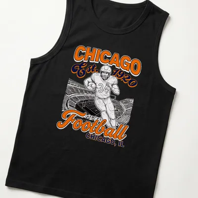 Vintage Chicago Football t-shirt featuring a football player and established year in orange, black, and white — printed on a tank top