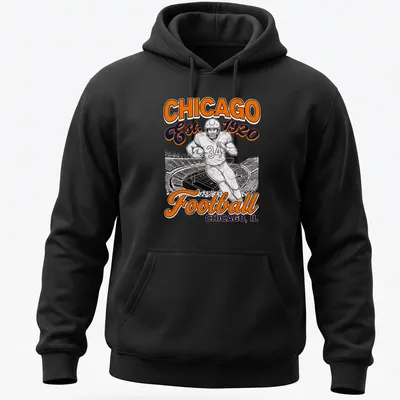 Vintage Chicago Football t-shirt featuring a football player and established year in orange, black, and white — printed on a unisex hoodie
