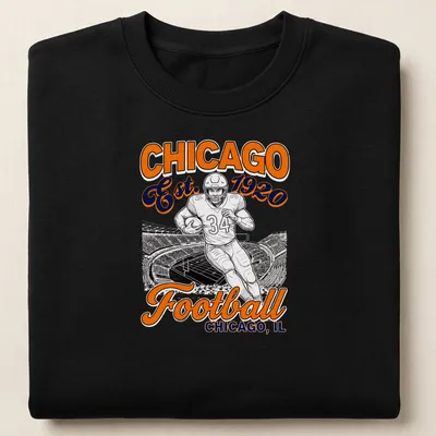 Vintage Chicago Football t-shirt featuring a football player and established year in orange, black, and white — printed on a unisex sweatshirt