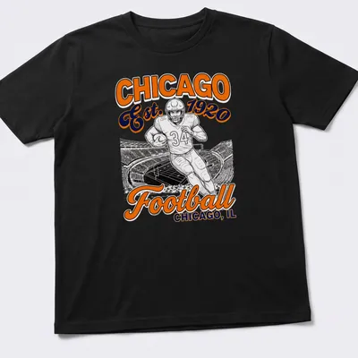 Vintage Chicago Football t-shirt featuring a football player and established year in orange, black, and white