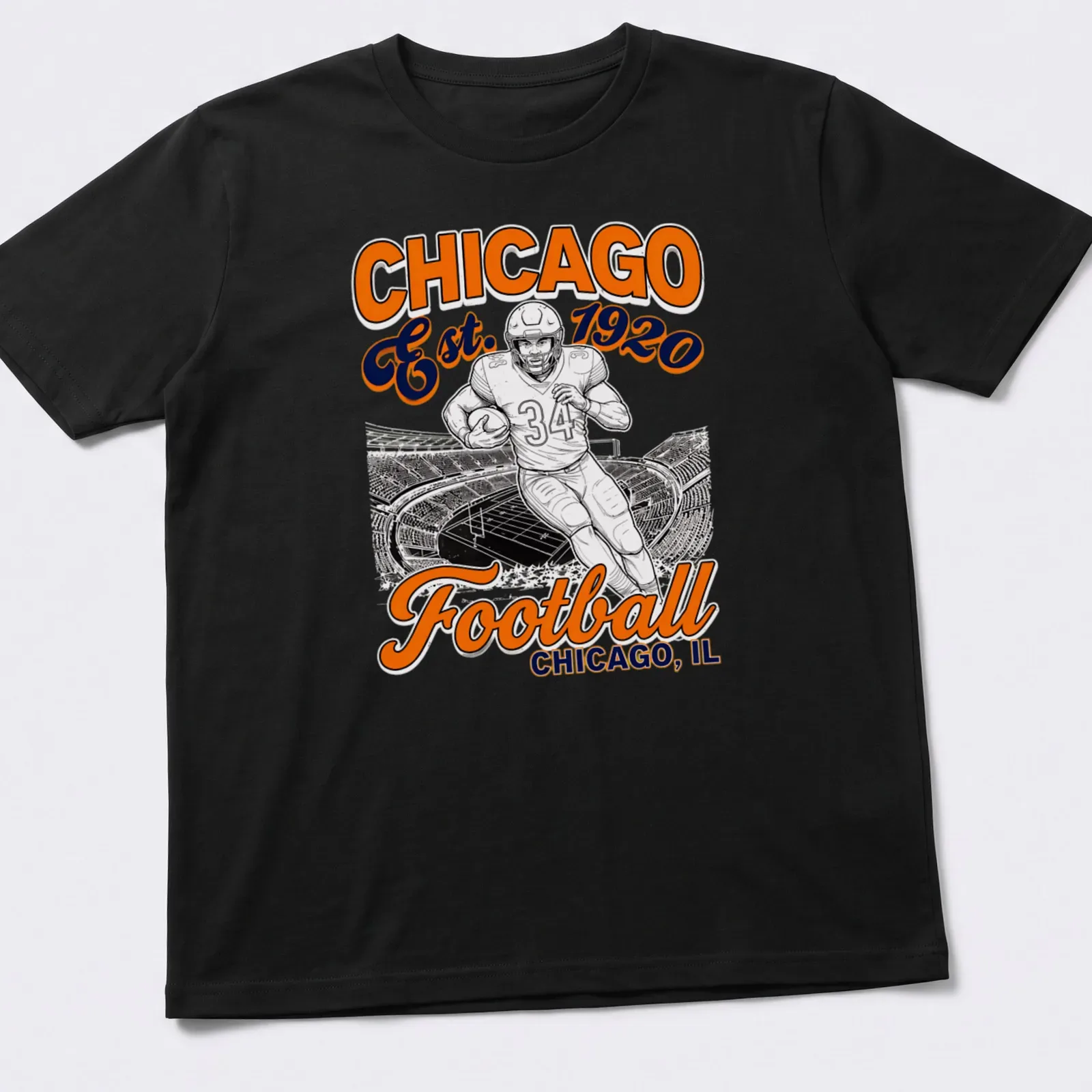 Vintage Chicago Football t-shirt featuring a football player and established year in orange, black, and white — printed on a unisex t-shirt
