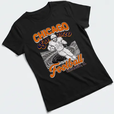 Vintage Chicago Football t-shirt featuring a football player and established year in orange, black, and white — printed on a women's shirt