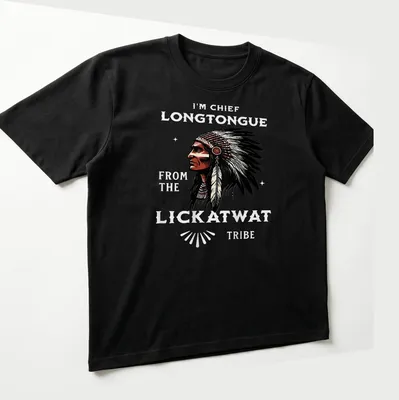 Vintage illustration of a Native American chief with humorous text on a — printed on a unisex t-shirt (angled view)