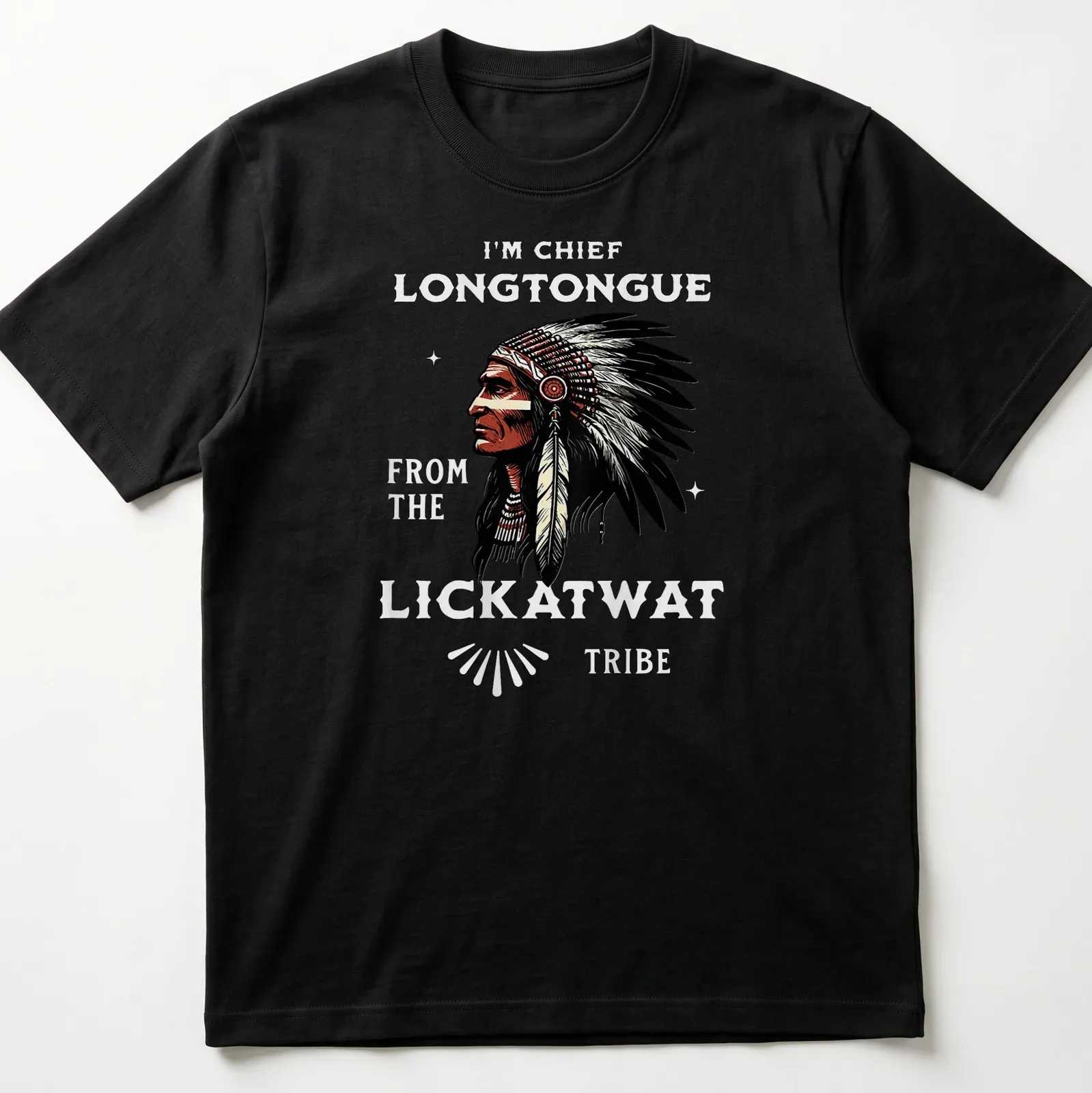 Vintage illustration of a Native American chief with humorous text on a — printed on a unisex t-shirt