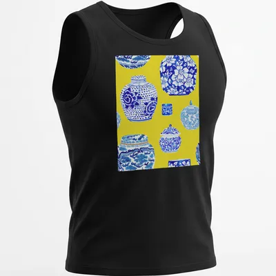 Watercolor ginger jars on canary yellow background with blue and white details — printed on a tank top