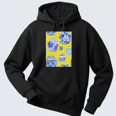 Watercolor ginger jars on canary yellow background with blue and white details — printed on a unisex hoodie