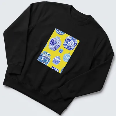 Watercolor ginger jars on canary yellow background with blue and white details — printed on a unisex sweatshirt