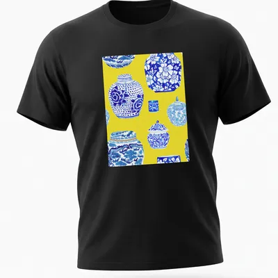 Watercolor ginger jars on canary yellow background with blue and white details — printed on a unisex t-shirt