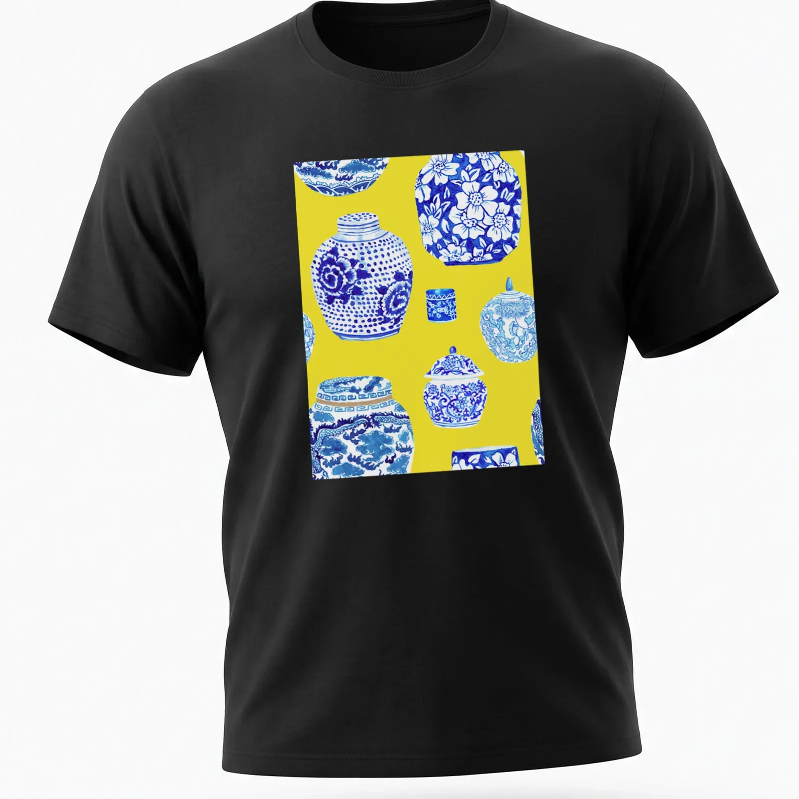 Watercolor ginger jars on canary yellow background with blue and white details — printed on a unisex t-shirt
