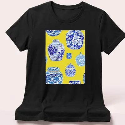 Watercolor ginger jars on canary yellow background with blue and white details — printed on a women's shirt