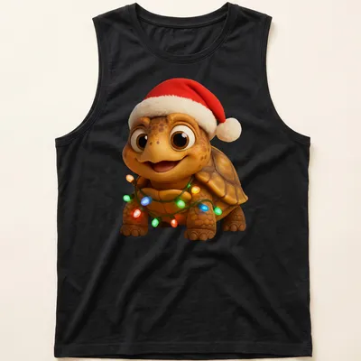Cartoon Christmas Box Turtle with Santa hat in festive colors — printed on a tank top