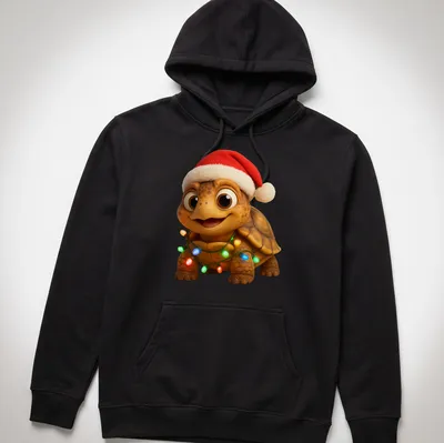 Cartoon Christmas Box Turtle with Santa hat in festive colors — printed on a unisex hoodie