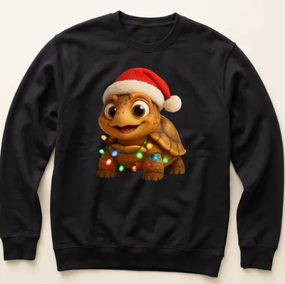 Cartoon Christmas Box Turtle with Santa hat in festive colors — printed on a unisex sweatshirt