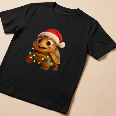 Cartoon Christmas Box Turtle with Santa hat in festive colors