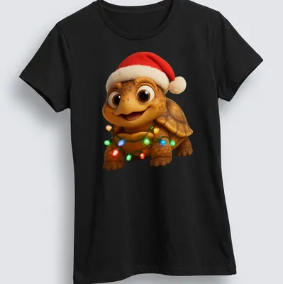 Cartoon Christmas Box Turtle with Santa hat in festive colors — printed on a women's shirt