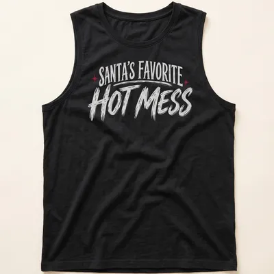 Bold typography Christmas shirt featuring 'Santa's Favorite Hot Mess' text — printed on a tank top