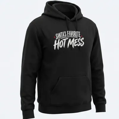 Bold typography Christmas shirt featuring 'Santa's Favorite Hot Mess' text — printed on a unisex hoodie