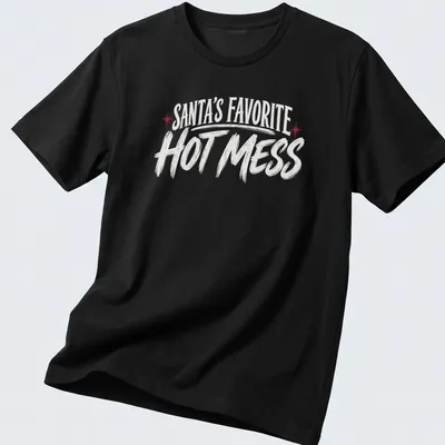 Bold typography Christmas shirt featuring 'Santa's Favorite Hot Mess' text