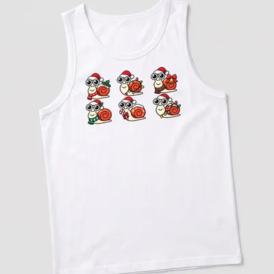 Kawaii-style Christmas snails in festive accessories with the text Snail Christmas. — printed on a tank top