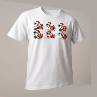 Kawaii-style Christmas snails in festive accessories with the text Snail Christmas. — printed on a unisex t-shirt (angled view)