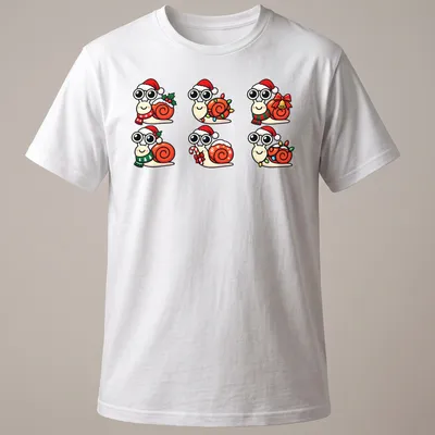 Kawaii-style Christmas snails in festive accessories with the text Snail Christmas.