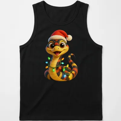 Cartoon snake in a Santa hat with colorful lights, festive holiday design. — printed on a tank top