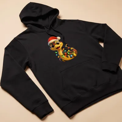 Cartoon snake in a Santa hat with colorful lights, festive holiday design. — printed on a unisex hoodie