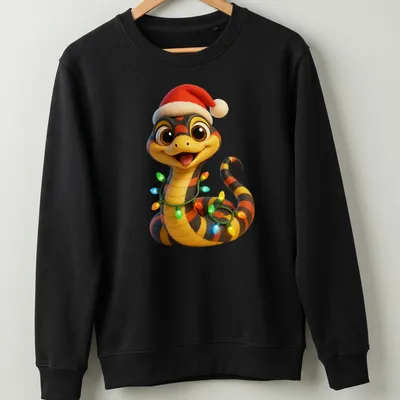Cartoon snake in a Santa hat with colorful lights, festive holiday design. — printed on a unisex sweatshirt